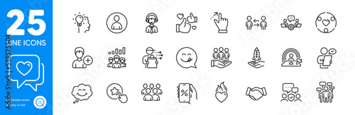 Outline icons set. Yummy smile, Lgbt and Crowdfunding icons. Security agency, Handshake, Like web elements. Teamwork results, Avatar, Food delivery signs. Shipping support, Heart, Inclusion. Vector