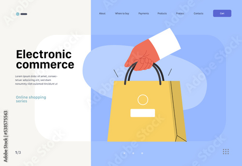 Electronic commerce -Online shopping and electronic commerce web template -modern flat vector concept illustration of a hand holding shopping bag. Promotion, discounts, sale and online orders concept