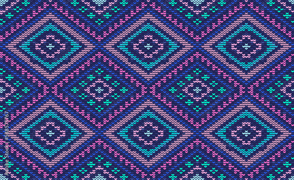 Sweater knitting pattern, Vector ethnic embroidery Boho background, Knitted diagonal ethnic style, Pink and blue pattern jacquard classic, Design for textile, fabric, cloth, wallpaper, sweater
