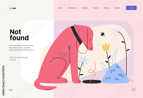 Not found - Online shopping and electronic commerce web template - modern flat vector concept illustration of a dog sitting next to an empty pit. Missing artcile, sale and online orders concept