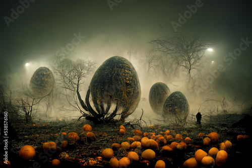 Halloween scary alien pumpkins in a foggy field very dangerous and scary, night time photo