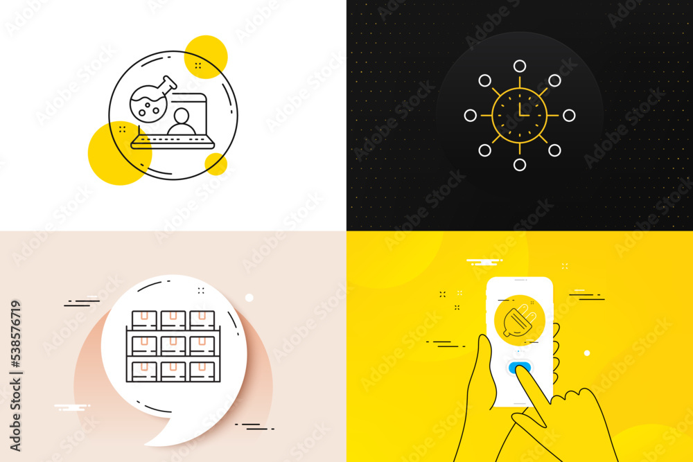 Minimal set of Boxes shelf, World time and Online chemistry line icons. Phone screen, Quote banners. Electric plug icons. For web development. Vector