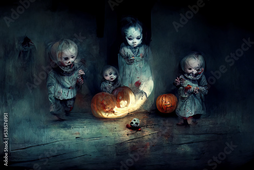 Hlloween dark night weird mutated alien children and kids playing wtih pumpkins and candles spooky and scary, horror photo