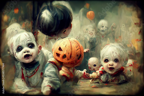 Hlloween dark night weird mutated alien children and kids playing wtih pumpkins and candles spooky and scary, horror photo