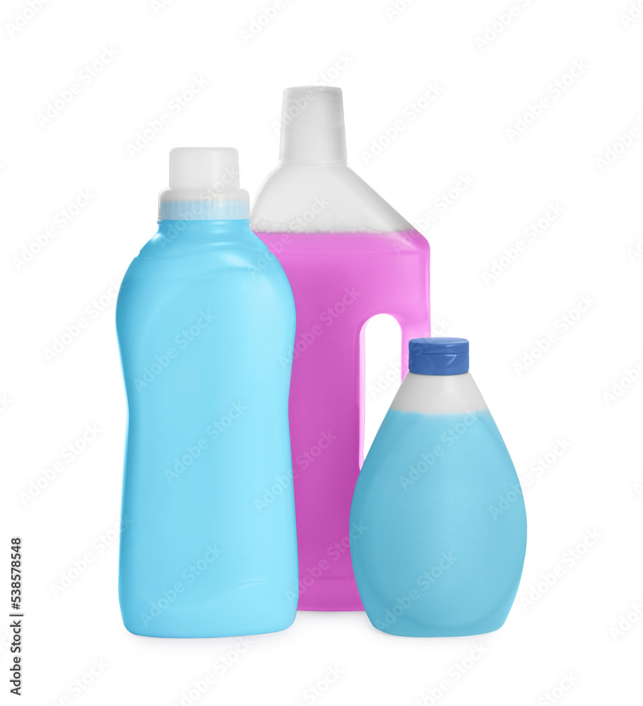Different bottles with detergents on white background Different bottles with detergents on white background