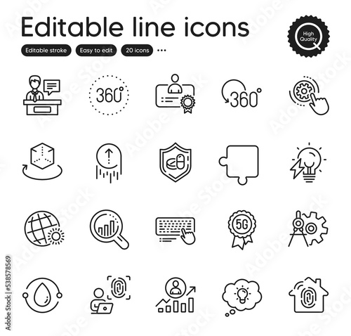 Fototapeta Naklejka Na Ścianę i Meble -  Set of Science outline icons. Contains icons as Seo analysis, Swipe up and Medical tablet elements. Computer fingerprint, 360 degrees, 5g technology web signs. Exhibitors. Vector