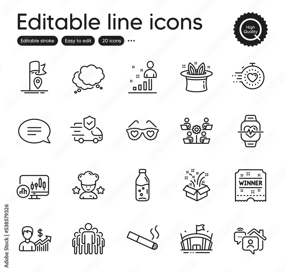 Set of Business outline icons. Contains icons as Best chef, Group and Timer elements. Candlestick chart, Smoking, Work home web signs. Business growth, Flag, Gift elements. Speech bubble. Vector Set of Business outline icons. Contains icons as Best chef, Group and Timer elements. Candlestick chart, Smoking, Work home web signs. Business growth, Flag, Gift elements. Speech bubble. Vector