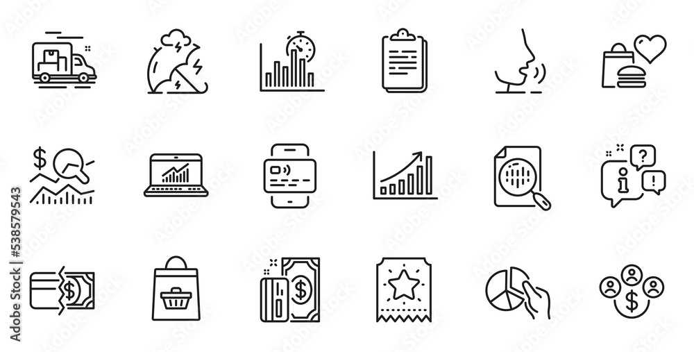 Outline set of Online buying, Food donation and Payment methods line icons for web application. Talk, information, delivery truck outline icon. Include Card, Clipboard, Buying currency icons. Vector Outline set of Online buying, Food donation and Payment methods line icons for web application. Talk, information, delivery truck outline icon. Include Card, Clipboard, Buying currency icons. Vector