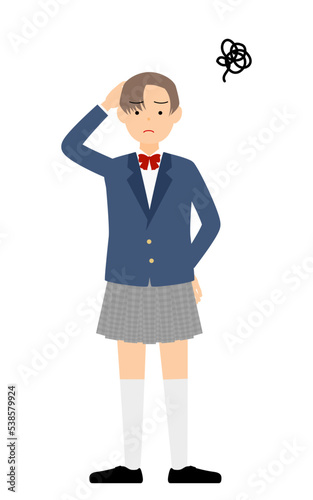 ジェンダーレス生徒、ブレザーの制服、頭を抱えて悩む
