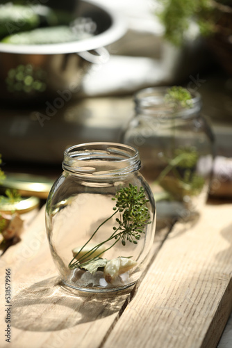 Empty glass jar and ingredients prepared for canning on wooden table