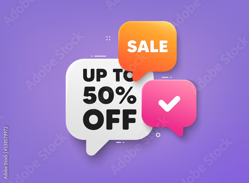 Up to 50 percent off sale. 3d bubble chat banner. Discount offer coupon. Discount offer price sign. Special offer symbol. Save 50 percentages. Discount tag adhesive tag. Promo banner. Vector