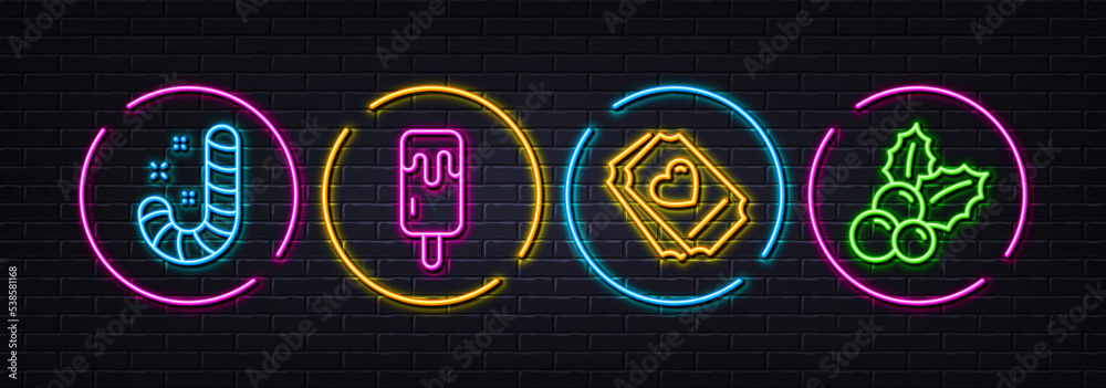 Candy, Ice cream and Love ticket minimal line icons. Neon laser 3d lights. Christmas holly icons. For web, application, printing. Lollypop, Sundae stick, Heart. Ilex aquifolium. Vector