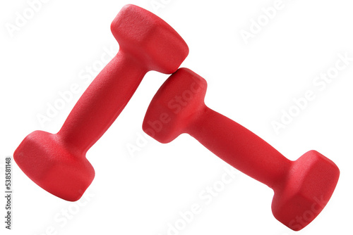 Two red dumbbells, as if levitating, the edges of the dumbbells are raised, concept, on a white background, isolate photo