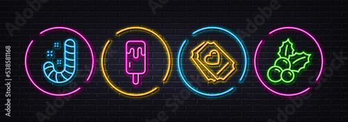 Candy, Ice cream and Love ticket minimal line icons. Neon laser 3d lights. Christmas holly icons. For web, application, printing. Lollypop, Sundae stick, Heart. Ilex aquifolium. Vector