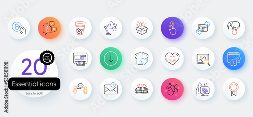 Simple set of Sports stadium, Atm and Refresh website line icons. Include Post package, Love cooking, Stress grows icons. Clean bubbles, Ice tea, Reward web elements. Info, Yummy smile, Wallet. Vector