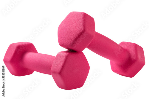 A pair of pink dumbbells lies on a white background, one dumbbell on the other, concept, isolate