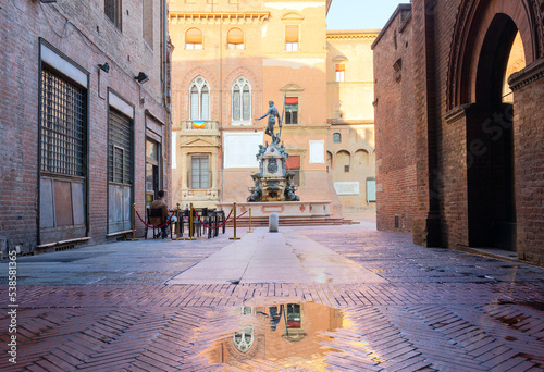 Fountain of Neptune. reflection in the water of the statue. Bologna, Italy