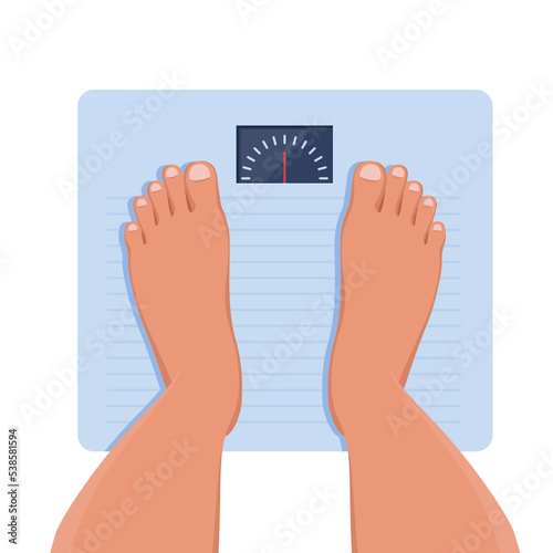 Feet on bathroom scales, top view. Weight measurement and control. Concept of healthy lifestyle, dieting and fitness. Vector illustration.