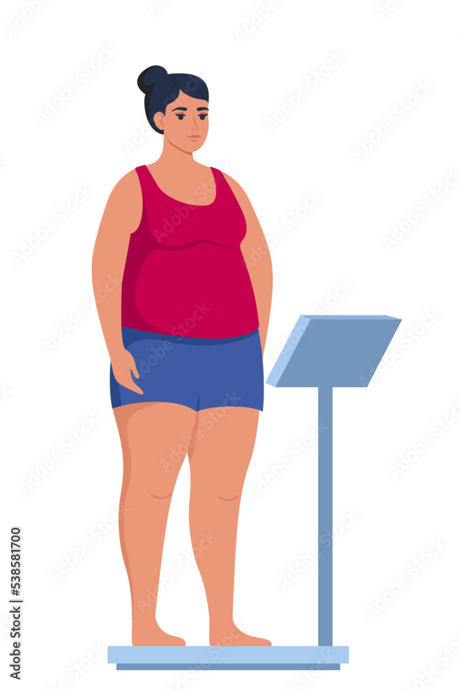 Fototapeta premium Fat obese woman standing on weigh scales. Oversize fatty girl. Obesity weight control concept. Overweight female cartoon character full length. Vector illustration.