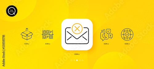 Send box, Sleep and Parking place minimal line icons. Yellow abstract background. Global insurance, Reject mail icons. For web, application, printing. Delivery package, Night chat, Transport. Vector
