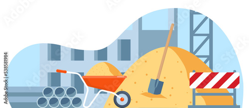 Building work process. Wheelbarrow, sand pile, shovel, warning sign. Construction equipment. City landscape on background. Vector illustration.