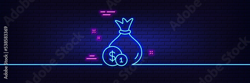 Neon light glow effect. Money bag with Coins line icon. Cash Banking currency sign. Dollar or USD symbol. 3d line neon glow icon. Brick wall banner. Cash outline. Vector