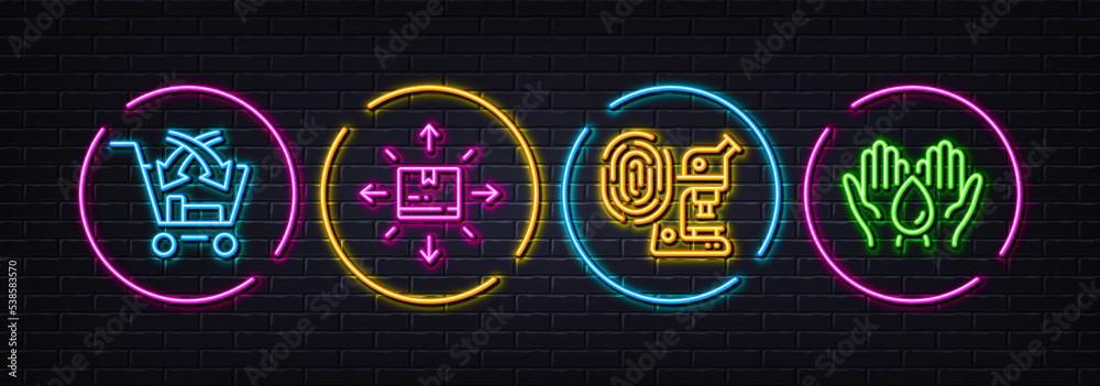 Cardboard box, Fingerprint research and Cross sell minimal line icons. Neon laser 3d lights. Safe water icons. For web, application, printing. Vector