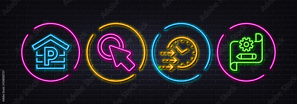 Click here, Delivery time and Parking minimal line icons. Neon laser 3d lights. Cogwheel blueprint icons. For web, application, printing. Push button, Express shipping, Garage. Edit settings. Vector
