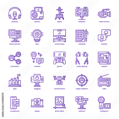 Content Creator icon pack for your website design, logo, app, and user interface. Content Creator icon basic line gradient design. Vector graphics illustration and editable stroke.