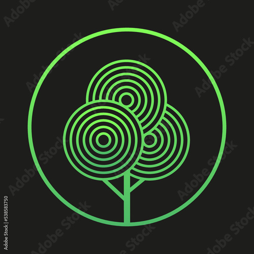 Round line art sign of circles neon green abstract tree