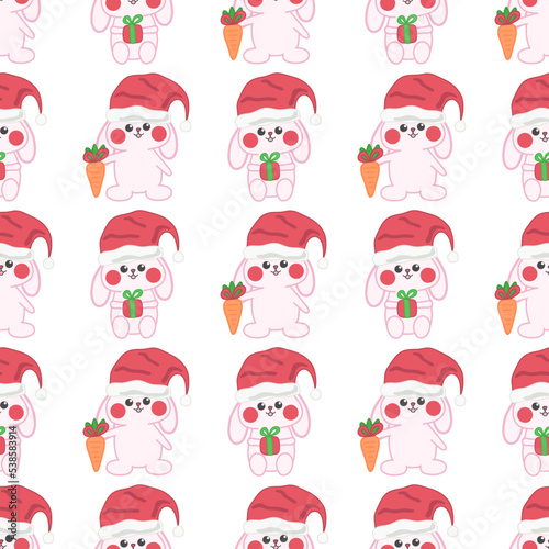 Cute doodle Christmas baby bunny vector seamless pattern.