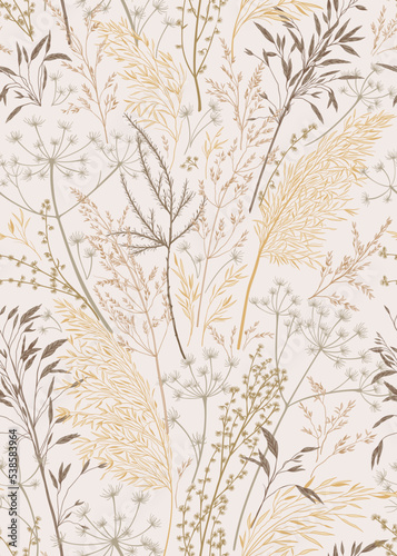 Dry grass seamless pattern. Natural beige tones. Reeds, pampas grass, dried grass. Vertical.