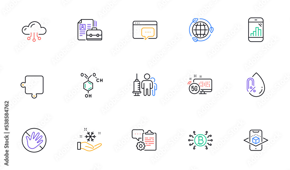 5g internet, Eco energy and Bitcoin system line icons for website, printing. Collection of Seo message, Chemical formula, Freezing icons. Graph phone, Cloud computing. Vector