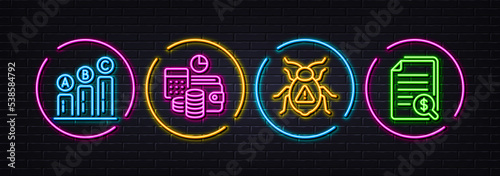 Software bug, Budget accounting and Graph chart minimal line icons. Neon laser 3d lights. Financial documents icons. For web, application, printing. Cyber virus, Financial trade, Growth report. Vector