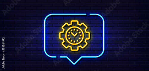 Neon light speech bubble. Time management line icon. Clock sign. Gear symbol. Neon light background. Time management glow line. Brick wall banner. Vector