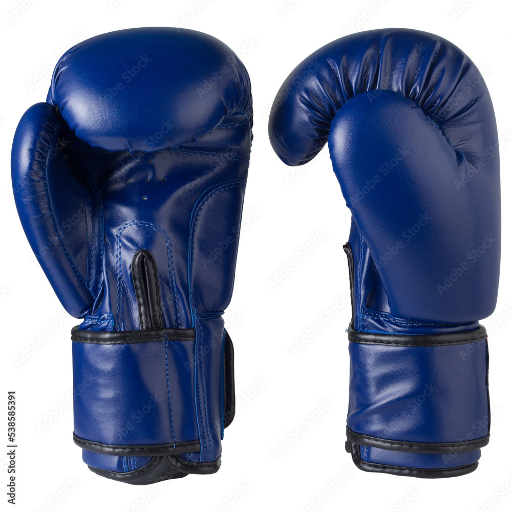 A pair of blue boxing gloves from different angles, on a white background, isolate