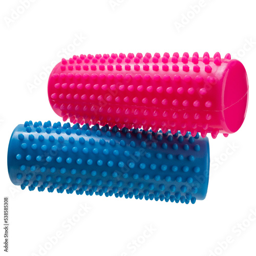 Two rubber cylindrical massagers  pink and blue  one on top of the other  on a white background  isolate