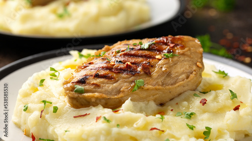 Vegan vegetarian Plant based chicken breast served with mashed potato