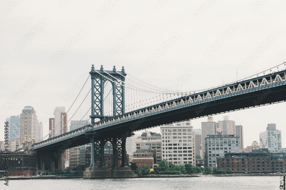 Manhattan Bridge in New York, View of the Brooklyn Bridge with lower Manhattan in the distance. USA