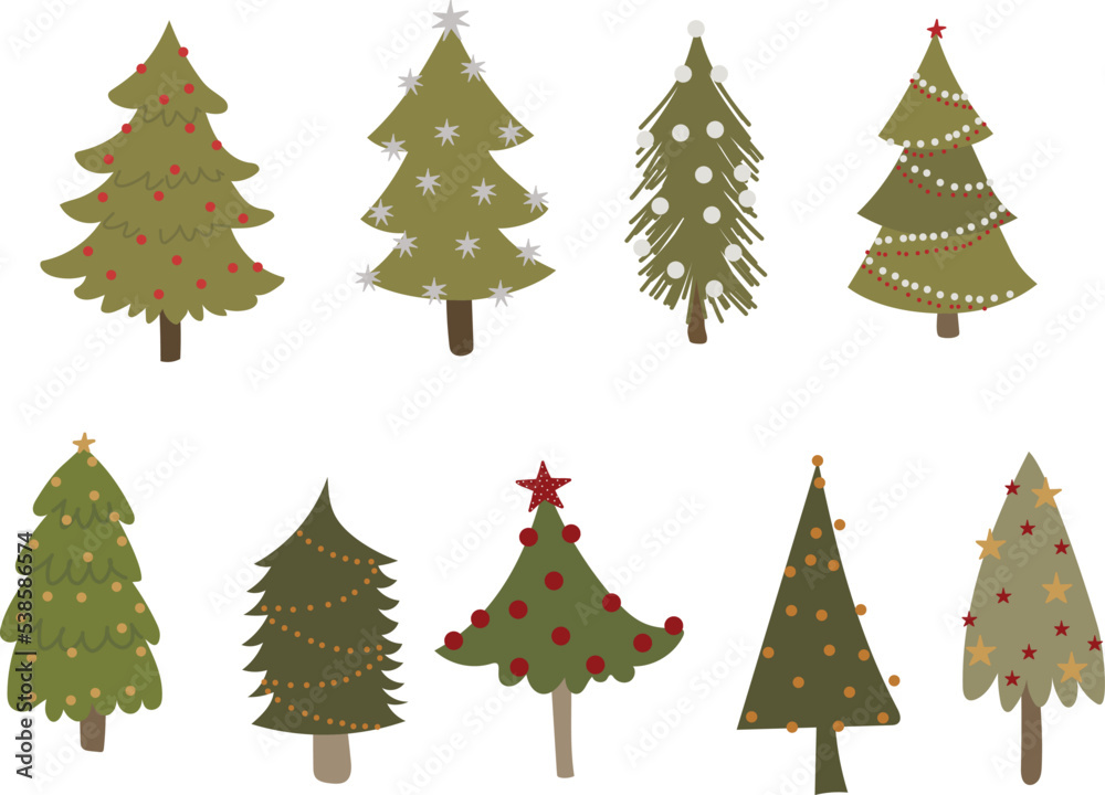Christmas trees vector set, Christmas trees modern illustration, vector illustration for design, print, pattern, isolated on white background