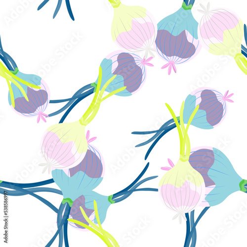Hand drawn onion bulb seamless pattern. Onion in doodle style endless wallpaper.