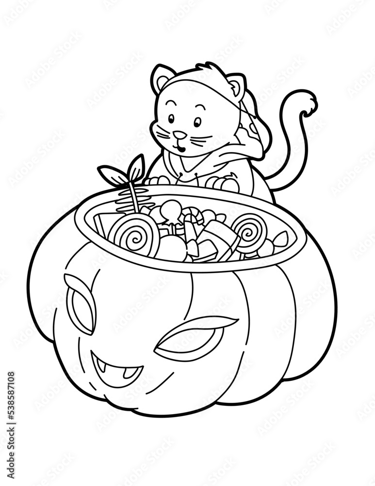 cat halloween, pumpkin, cute, coloring page, coloring book, line art