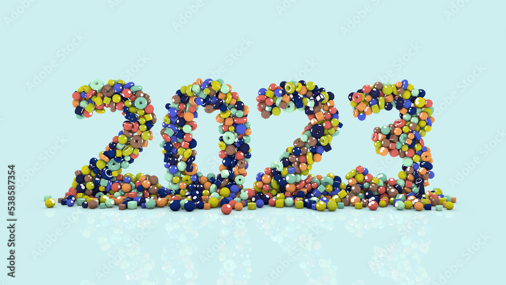 3D illustration from colored objects, colorful 2023 year, from falling shapes. Happy New 2023 Year