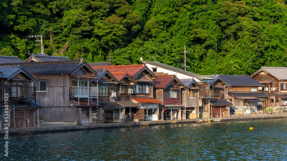 Fototapeta premium Lined up boathouses at Ine Town in Kyoto, Japan.