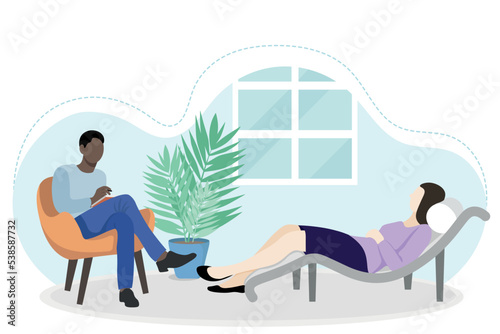 Woman at the appointment with a psychotherapist, flat vector, isolated on white, a woman lies on a sofa, a doctor sits in a chair, a doctor's office, people of different nationalities