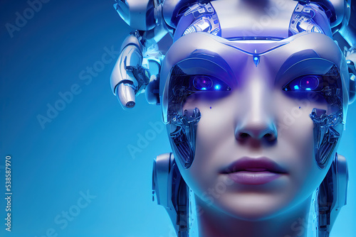 Beautiful female cyborg. Conceptual of futuristic bionics and artificial intelligence. 3d illustration
