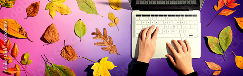 Autumn leaves with person using a laptop computer