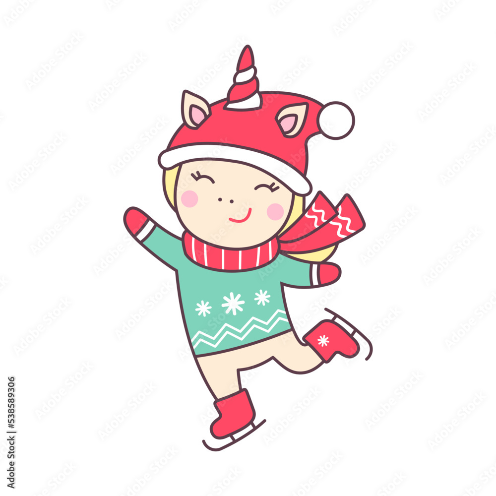 Cute happy Christmas kawaii character unicorn in santa hat ice skating isolated on white background. Cute happy Christmas kawaii character unicorn in santa hat ice skating isolated on white background.