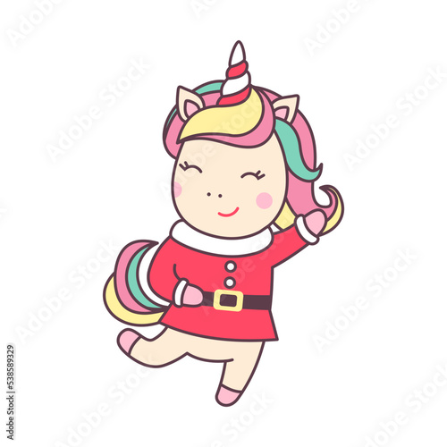 Cute Christmas kawaii character unicorn in santa claus costume isolated on white background.