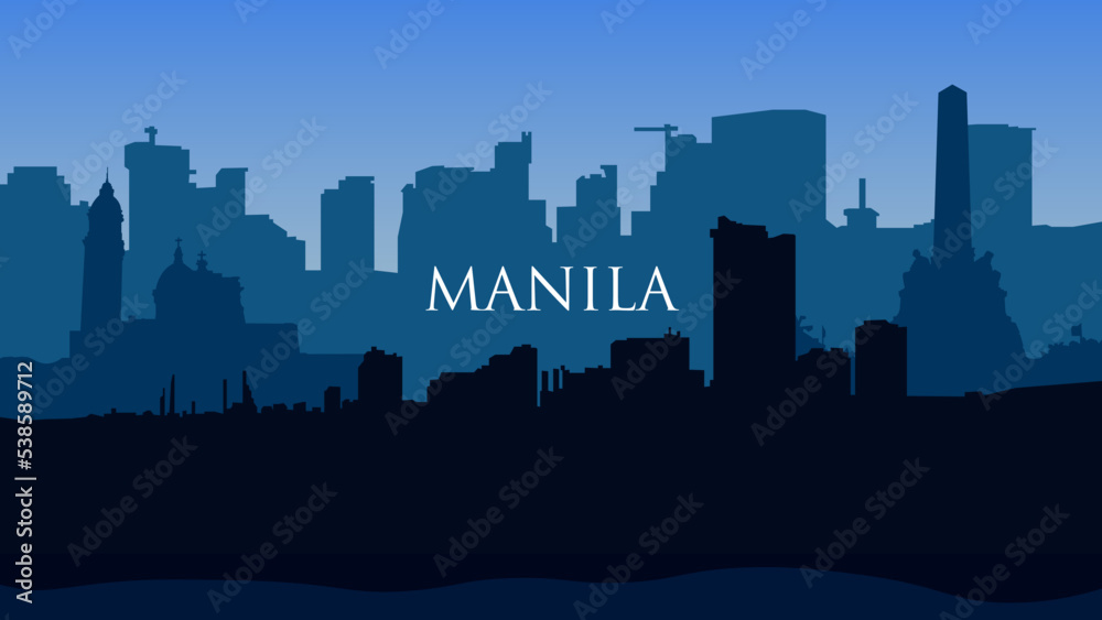 The flat silhouette of city Manila in blue shadows